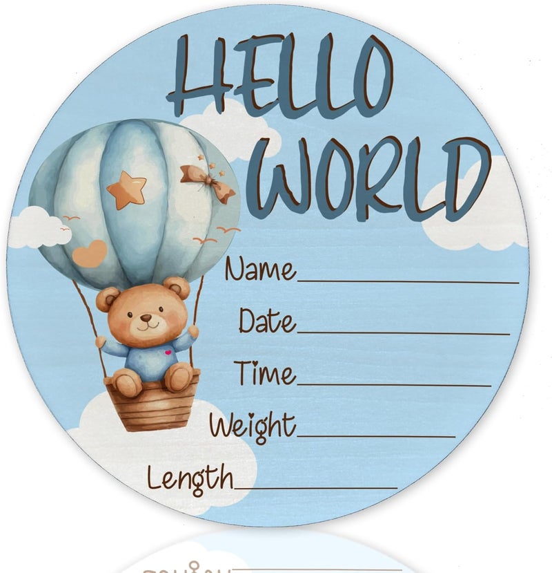 CLHHM Baby Announcement Sign, Blue Bear Hot Air Balloon Hello World Newborn Sign, Baby Shower Decorations, 6 Inch Wooden Nursery Decor Gift for Boys Girls, Birth Name Plaque - Image 1